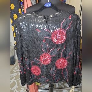 DEADSTOCK Vintage 90s Royal FEELINGS Silk Sequin Floral Top